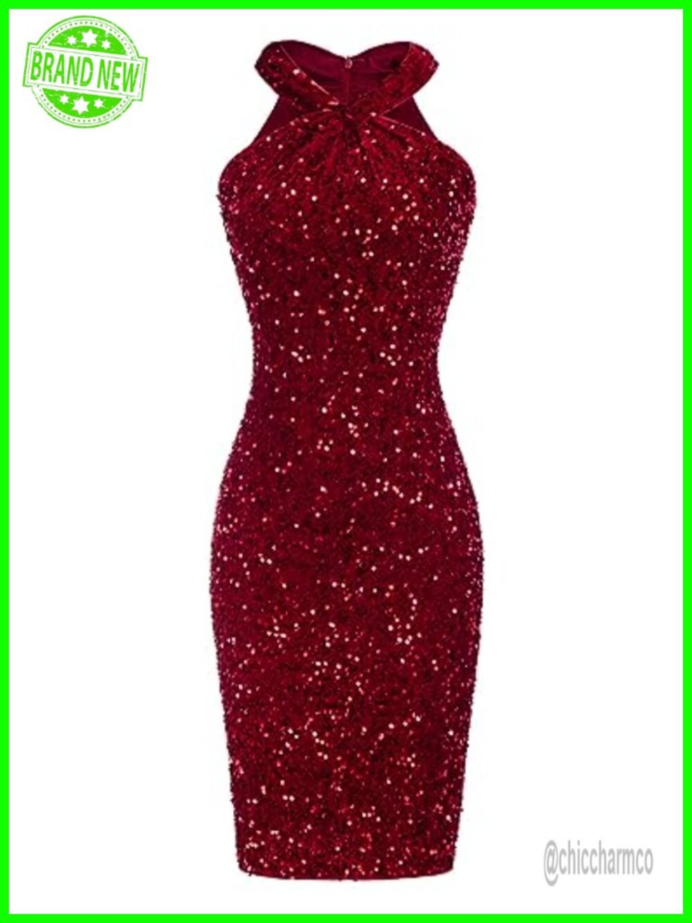 Sequin Halter Bodycon Cocktail Dress Sleeveless Knee-Length Party